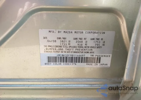 2008 Mazda Mazda3 I Touring Value from USA, damaged, VIN JM1BK32F981146697